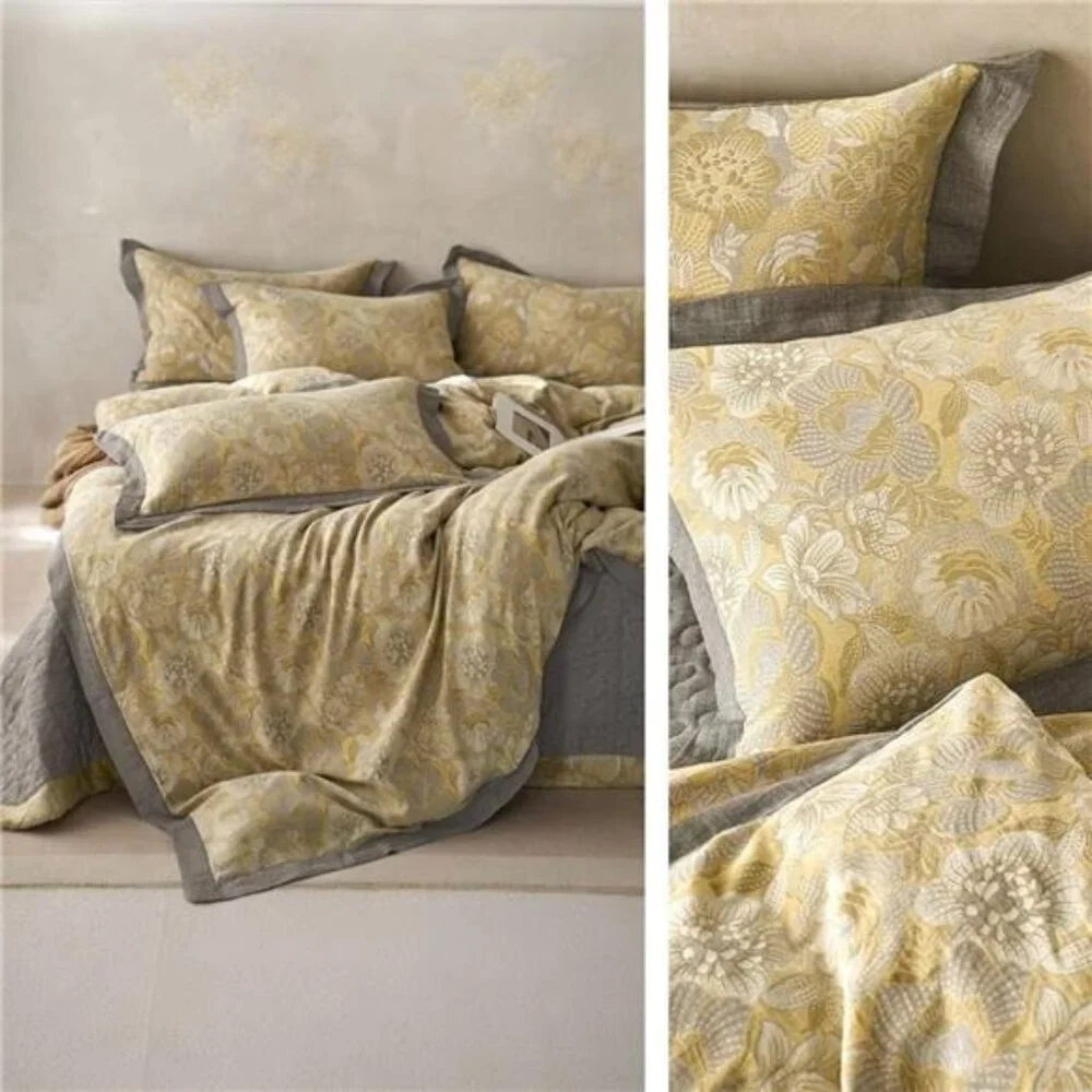 NEW Anthro Yellow Floral Jacquard Queen / King Cotton Bedding Duvet & Sham Set